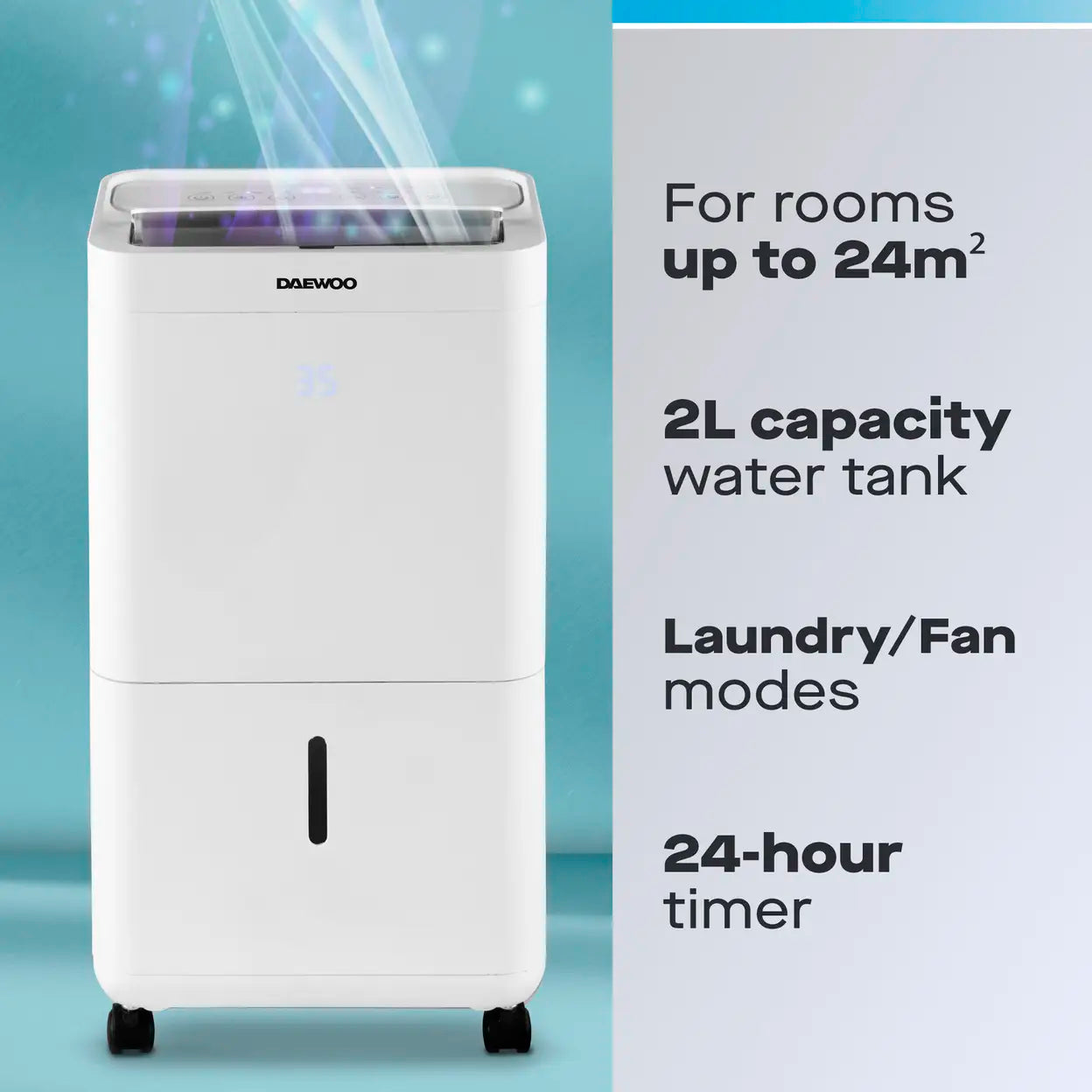 Daewoo 12L Dehumidifier with Air Purifier – 12L/day Extraction, Digital Display, Laundry Mode
