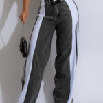 Pantalon Large Taille Haute à Rayures Patchwork